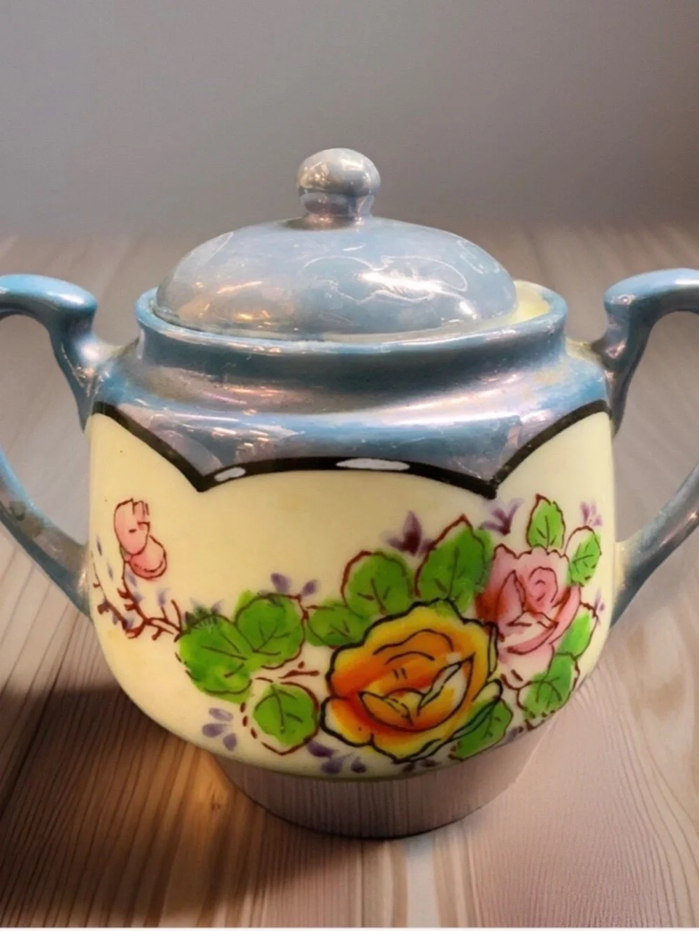 Antique Hand Painted Art Deco Lusterware Sugar Bowl With Lid Japan 4